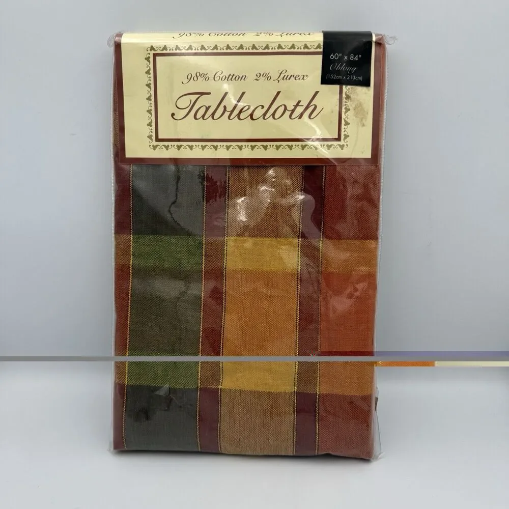 New Plaid Tablecloth 60x84 Oblong Fall Autumn Harvest Cotton Lurex Metallic Gold